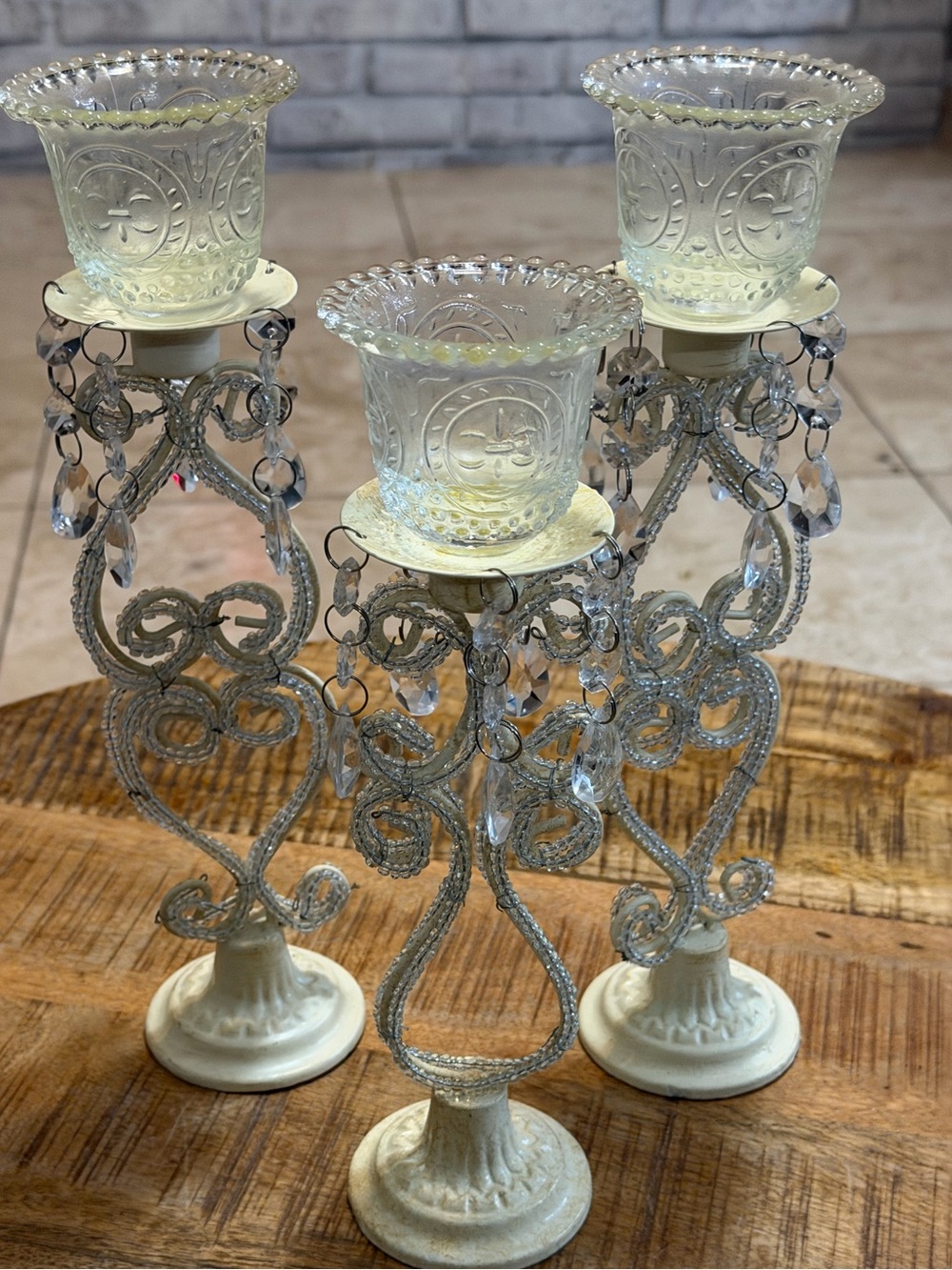3 Shabby Chic White Metal Beaded Votive Candle Holders Cut Glass Faux Crystal